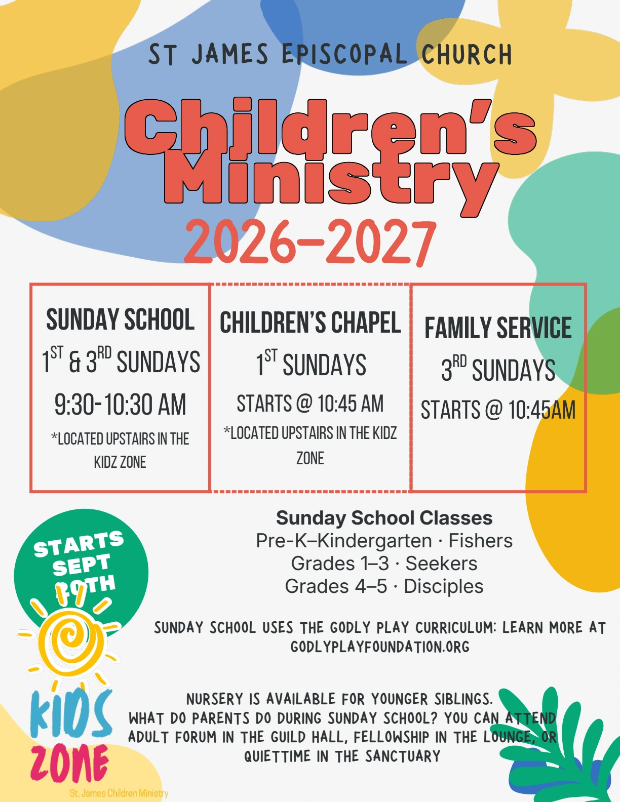 St. James Children’s Ministry 2026–2027 flyer with Sunday School, Children’s Chapel, Family Service, and class information