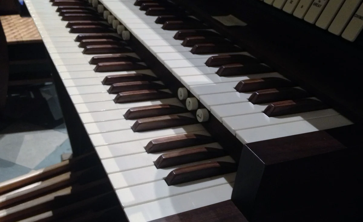 A close view of the organ keyboards at St. James